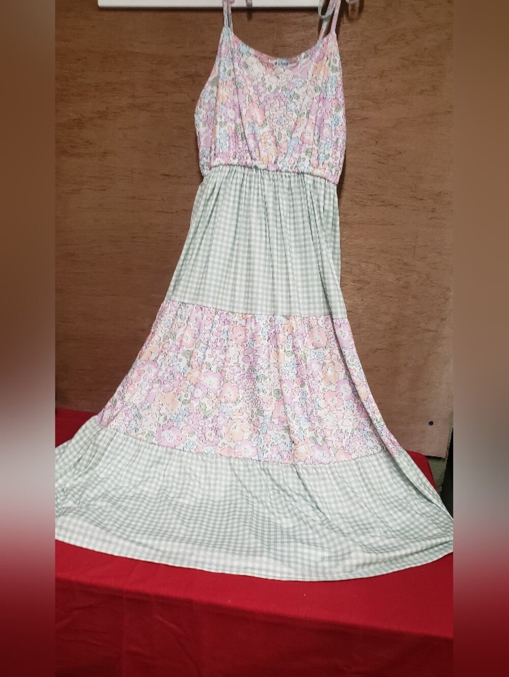 Pastel Pink & Mint Floral Gingham Maxi Dress with Adjustable Straps